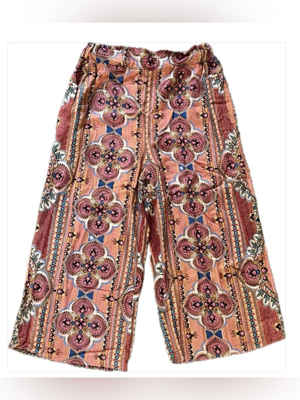 Blue Rain Paisley Boho Cropped Palazzo Pants Sz M